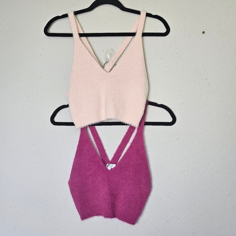 Double Zero Fuzzy Knit Crop Top Set Magenta Blush Pink Med / Large 2pc